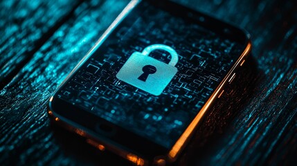 Poster - A smartphone displaying a digital lock icon, symbolizing security and privacy in a modern, tech-oriented environment.