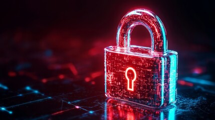 Poster - A glowing digital padlock symbolizes cybersecurity, protecting data with vibrant blue and red hues against a tech-inspired background.