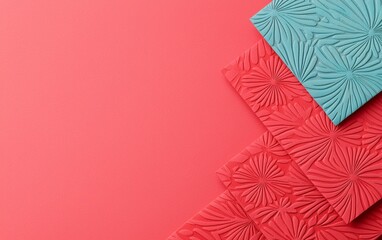 Poster - Colorful textured sheets arranged diagonally on a vibrant surface, showcasing intricate patterns in red and blue against a solid background.