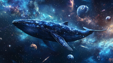 Wall Mural - a large blue whale swims in the vastness of space, surrounded by stars, planets, and a swirling nebu