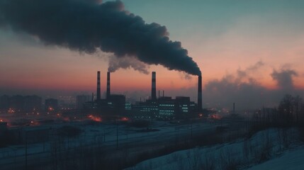 Poster - Smokestacks release dark clouds at sunset over industrial area in winter. Generative AI