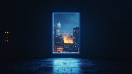 Poster - A single glowing window in a vast dark cityscape.