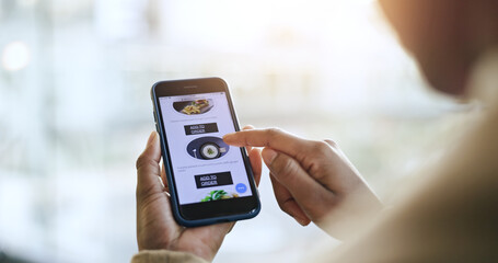 Aufkleber - Hands, food delivery menu and phone screen for online shopping, scroll and ecommerce application on web. Restaurant app, mobile user experience and person with lunch, nutrition and discount in office
