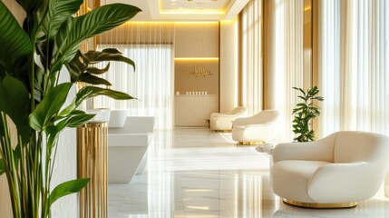 Sticker - Elegant spa interior with natural light and modern furnishings for relaxation in a serene environment. Generative AI