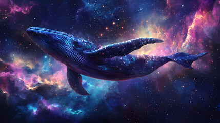 Wall Mural - A radiant cosmic whale, shimmering with the colors of vibrant stars, swims elegantly through a vast galaxy filled with nebulae and soft celestial light. Surreal Galactic Whale. Illustration