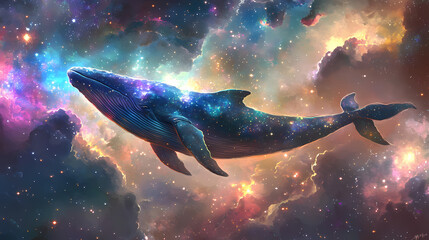 Wall Mural - A radiant cosmic whale, shimmering with the colors of vibrant stars, swims elegantly through a vast galaxy filled with nebulae and soft celestial light. Surreal Galactic Whale. Illustration