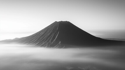 Poster - A single mountain peak emerging from a sea of mist in monochrome.
