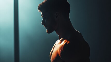 Aufkleber - Muscular man working out in gym with strong lighting and focused expression during evening workout session. Generative AI