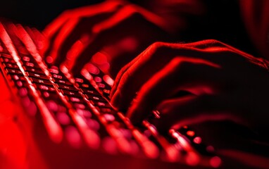 Poster - Dark, atmospheric image of hands typing on a keyboard, illuminated by red light, evoking themes of technology and mystery.