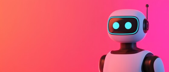 Poster - A friendly robot stands against a vibrant pink-orange gradient background, showcasing its cute design and glowing blue eyes.