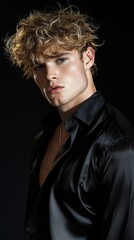 Poster - A man with curly hair and a necklace is wearing a black shirt