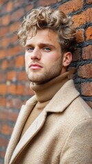 Poster - A man with a beard and curly hair is standing in front of a brick wall