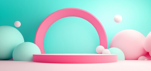 Poster - A vibrant, minimalist scene featuring a pink circular arch on a pastel background with soft, colorful spheres, creating a playful and modern aesthetic.