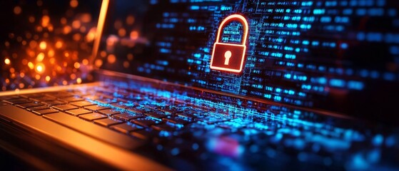 Poster - A laptop with a glowing lock icon amid data streams, symbolizing cybersecurity and digital protection in a tech-driven environment.