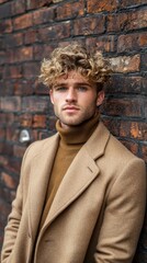 Poster - A man with curly hair is wearing a brown coat and a brown sweater