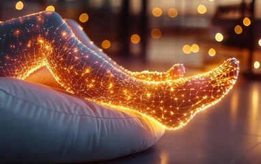 Poster - A close-up of a foot adorned with glowing fairy lights, resting on a soft cushion, creating a warm and cozy ambiance.