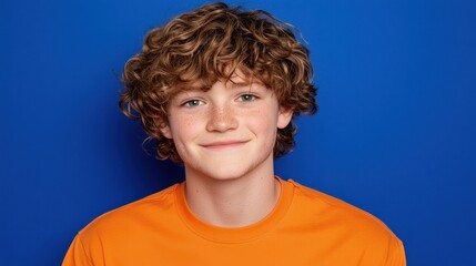 Wall Mural - A cheerful young boy with curly hair stands against a bright blue backdrop, wearing a bold orange shirt. His warm smile radiates happiness and joy