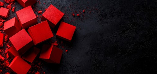 Poster - A collection of vibrant red cubes scattered on a dark surface, creating a striking visual contrast.