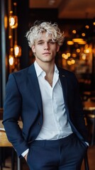 Poster - A man in a suit and white shirt stands in front of a restaurant