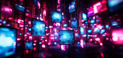Poster - A vibrant digital landscape filled with illuminated screens, showcasing a blend of blue and pink colors, creating a futuristic, tech-inspired ambiance.