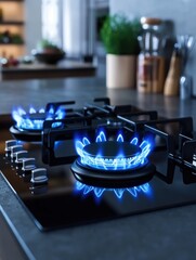 Aufkleber - Stylish modern kitchen showcases blue gas flames dancing on a sleek stovetop for culinary enthusiasts. Generative AI