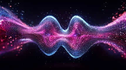 Fototapete - A vibrant, abstract design featuring swirling pink and blue particles, creating a wave-like visual effect against a dark background.