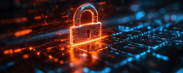 Poster - Hologram of a padlock on laptop screen, symbolizing cybersecurity, glowing lock, digital protection, secure data concept