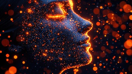 Poster - Woman's face bathed in warm orange lights creating a dreamy and ethereal atmosphere