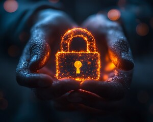Poster - Man holding a glowing padlock symbol, bright neon light, dark blurred background, symbolizing cybersecurity and data protection