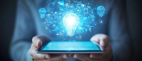 Poster - Tablet in hands with glowing lightbulb icon floating above, representing technological innovation, futuristic design, and ideas