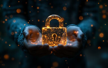 Poster - Bright glowing padlock symbol in hands of a man, dark blurred background, digital security, hightech protection concept