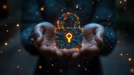 Poster - Bright padlock symbol glowing in hands of a man, digital security concept, dark blurred background with cyber protection theme