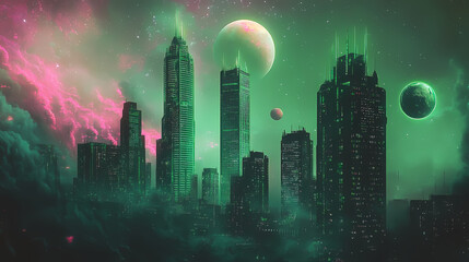 Wall Mural - night cityscape with skyscrapers, glowing in neon green and pink, space nebula and distant planets i