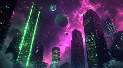 Wall Mural - night cityscape with skyscrapers, glowing in neon green and pink, space nebula and distant planets i