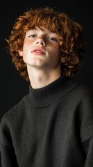 Aufkleber - A young man with red hair and freckles stands in front of a black background