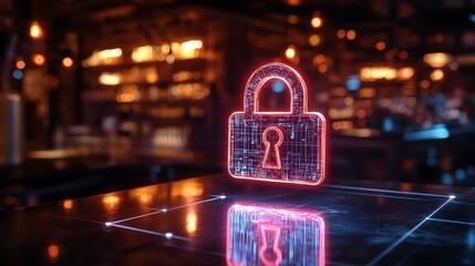 Poster - Cybersecurity padlock hologram floating on laptop screen, glowing with digital security symbols, data encryption, futuristic design