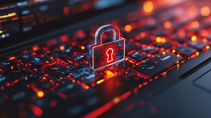 Poster - Digital hologram of a cybersecurity padlock on laptop screen, symbolizing data safety, futuristic tech, cyber protection