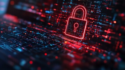 Poster - Digital hologram of a cybersecurity padlock on laptop screen, symbolizing data safety, futuristic tech, cyber protection