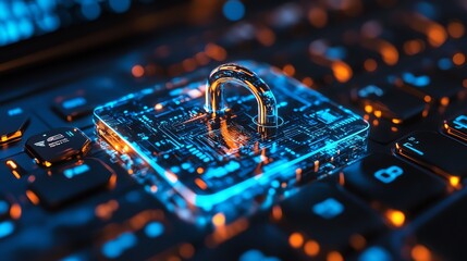 Poster - Digital hologram of a cybersecurity padlock on laptop screen, symbolizing data safety, futuristic tech, cyber protection