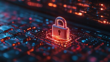 Poster - Digital hologram of a cybersecurity padlock on laptop screen, symbolizing data safety, futuristic tech, cyber protection
