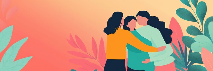 Poster - Three women embracing in a colorful setting surrounded by plants during a moments of connection and support. Generative AI