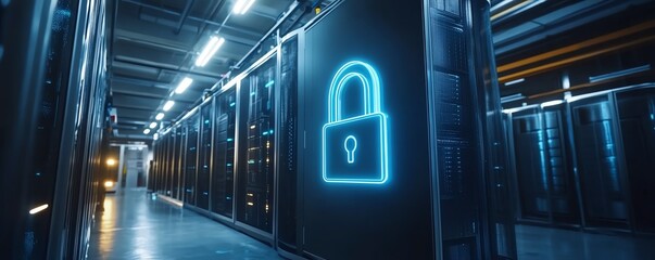 Poster - Futuristic cybersecurity padlock hologram on laptop screen, glowing safety symbol, digital encryption, secure data protection