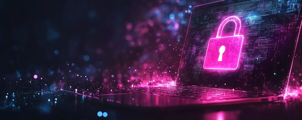 Poster - Futuristic cybersecurity padlock hologram on laptop screen, glowing safety symbol, digital encryption, secure data protection