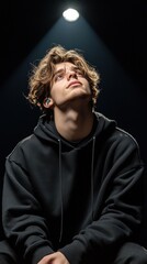 Poster - A man with long hair is sitting in a black hoodie