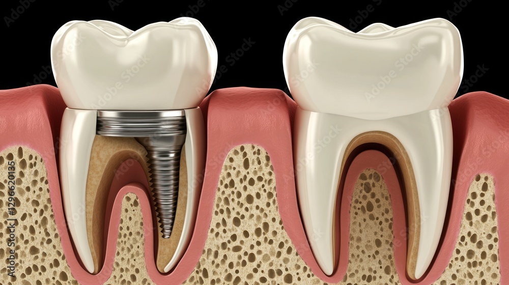 Fotografie Dental Implant and Natural Tooth Comparison: A 3D Rendering ...