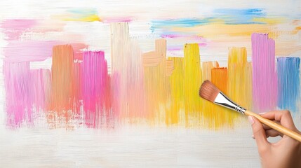 Poster - Vibrant Abstract Cityscape Painting with Hand Holding Brush Creating Colorful Urban Landscape