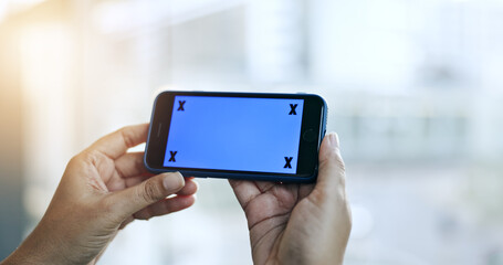 Aufkleber - Green screen, hands and person with a smartphone, connection and mockup space with tracking markers. Closeup, mobile user and cellphone with digital app, network and website information with internet