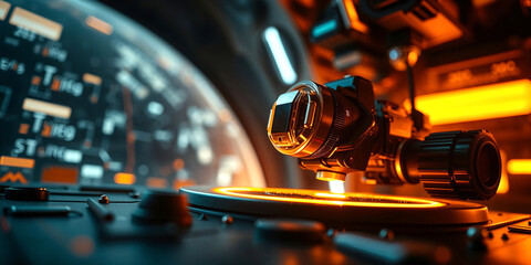 Poster - Futuristic camera scanning surface with hud displaying data in background