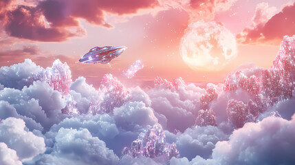 Wall Mural - a futuristic cityscape on an alien planet, with a spaceship flying over clouds and a glowing nebula 