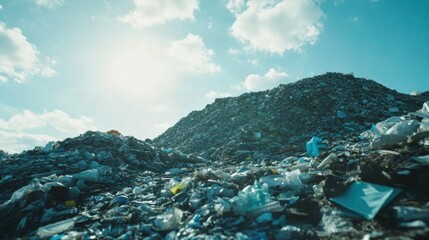 Aufkleber - Mountain of plastic waste towers over landfill under bright sky inviting reflection on environmental impact. Generative AI